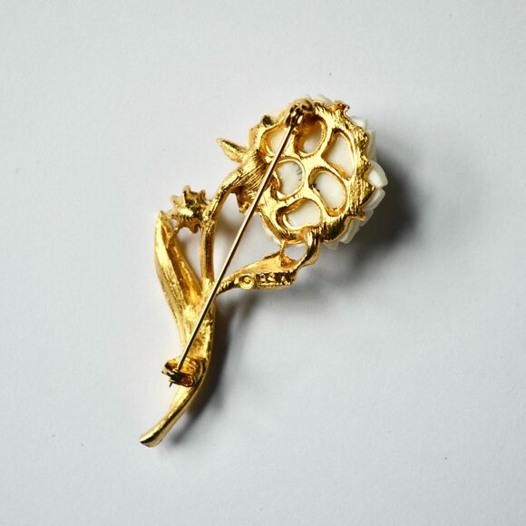 BSK Signed Celluloid Carved Rose Pearl Gold Brooch Vintage - Picture 3 of 3